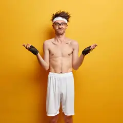 Chudy mężczyzna w rękawiczkach treningowych i opasce na głowie rozkłada ręce, jakby pytał "ektomorfik co to?".