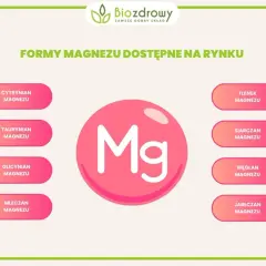Różne formy magnezu: cytrynian, taurynian, glicynian, mleczan, tlenek, siarczan, węglan i jabłczan.