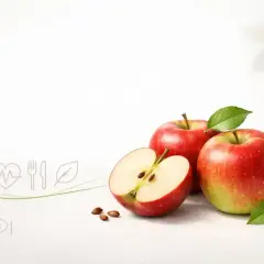 Dwa całe jabłka i jedno przekrojone na pół, z pestkami. Grafika symbolizuje zdrowy styl życia, więc nie, od jabłek się nie tyje.