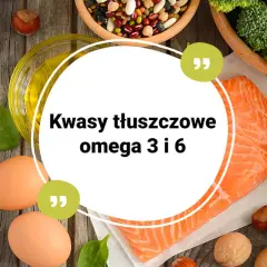 Zdrowa dieta bogata w kwasy omega 3 i 6: łosoś, jajka, orzechy, awokado, jabłko, oliwa, brokuły, szpinak i fasola.
