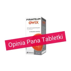 Opakowanie leku Pyrantelum Owix na odrobaczanie ludzi. W tle różowy pasek z napisem "Opinia Pana Tabletki".