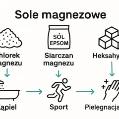 Sole magnezowe: chlorek magnezu do kąpieli, siarczan magnezu (sól Epsom) do sportu, heksahydrat do pielęgnacji skóry.