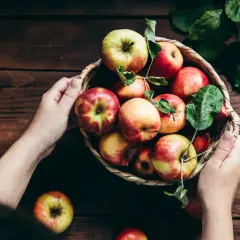 Koszyk pełen jabłek, idealnych na dietę jabłkową. Ręce trzymają koszyk, a obok leżą świeże owoce.