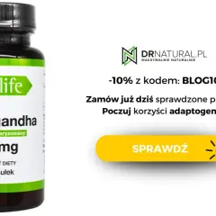 Butelka suplementu diety Ashwagandha 600 mg. Poczuj korzyści adaptogenów. Kod rabatowy na stronie DRNATURAL.PL.