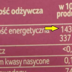 Tabela wartości odżywczych: 1430 kj (kilodżuli) to jednostka energii, podobnie jak kalorie.