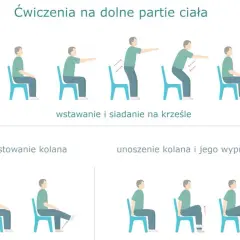 Ilustracja pokazuje ćwiczenia na krześle dla dolnych partii ciała: wstawanie i siadanie, prostowanie kolana oraz unoszenie kolana.
