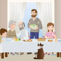 Rodzina przy stole, dyskutuje o tym, ile kcal powinna jeść 13 latka. Na stole owoce, pieczywo i ser.