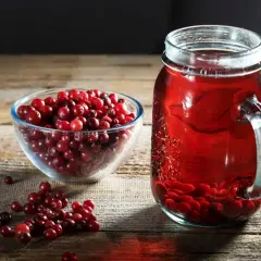 Szklanka z uchwytem wypełniona rubinowym syropem z żurawiny, obok miseczka pełna świeżych owoców.