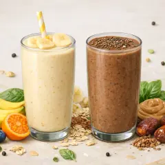 Dwa koktajle na śniadanie odchudzanie: bananowy z owocami i czekoladowy z daktylami.
