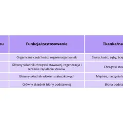 Tabela przedstawia różne **kolagen typy**: I (kości, skóra), II (chrząstki stawowe), III (mięśnie) i IV (błony).
