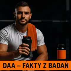 Mężczyzna z shakerem i suplementem DAA (kwas d asparaginowy) w siłowni.