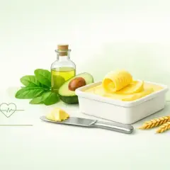 Zdrowa margaryna w białym naczyniu, obok awokado, oleju, szpinaku i kłosów zboża. Symbolizuje zdrowe odżywianie.