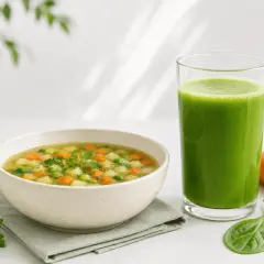 Zupa warzywna i zielony koktajl na 3 dniowy detoks wodny. Obok marchewka i liście szpinaku.