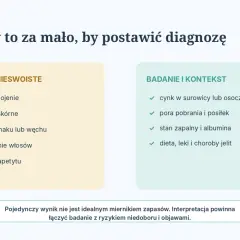 Niedobór cynku: objawy nieswoiste (gorsze gojenie, zmiany skórne, wypadanie włosów) i badania (cynk w surowicy, stan zapalny).