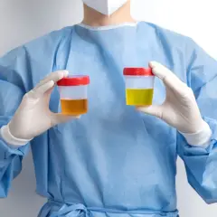 Medyk w niebieskim fartuchu i rękawiczkach trzyma dwa pojemniki z próbkami moczu. Jeden jest bursztynowy, drugi żółty.