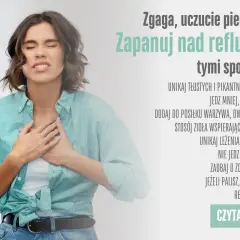 Kobieta z bólem w klatce piersiowej, wskazówki dotyczące diety przy refluksie: unikaj tłustych potraw, jedz mniej, ale częściej.