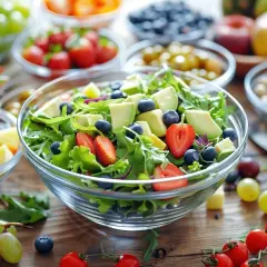 Kolorowa sałatka z awokado, truskawkami i borówkami. Idealna na dietę bezresztkową jadłospis.