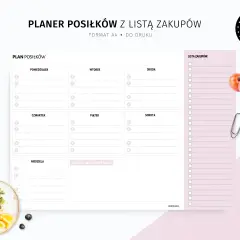 Planer posiłków z listą zakupów. Tabela rozkład posiłków w ciągu dnia, od poniedziałku do niedzieli, z miejscem na notatki i listę zakupów.