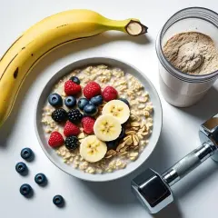 Idealny posiłek przed treningiem: owsianka z owocami, banan, odżywka białkowa i hantle.