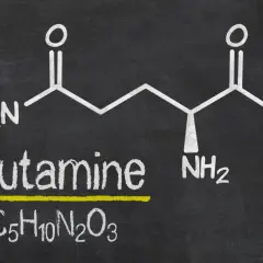 Struktura chemiczna glutaminy z napisem "Glutamine" i wzorem C₅H₁₀N₂O₃. Warto znać l-glutamina przeciwwskazania.