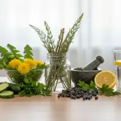 Kompozycja z mniszkiem, skrzypem, jagodami i cytryną – składniki na naturalne diuretyki. Obok szklanka wody i moździerz.