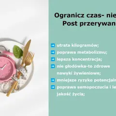 Różne rodzaje postu przerywanego: zegar na talerzu, miarka, liść i sztućce. Wymienione korzyści: utrata wagi, lepszy metabolizm, koncentracja, zdrowe nawyki.
