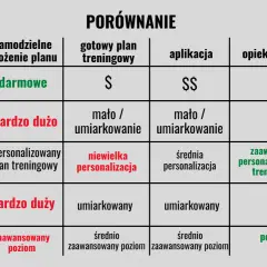 Porównanie różnych przykładowych planów treningowych: koszt, czas, dopasowanie, zaangażowanie i wiedza.