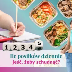Kobieta z radością pokazuje luźne spodnie, a obok kostki z cyframi od 1 do 6. Obok widać przygotowane posiłki. Ile posiłków dziennie jeść, by schudnąć?