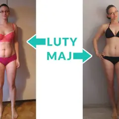 Kobieta przed i po diecie. Widoczne zmiany sylwetki od lutego do maja.