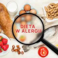 Produkty spożywcze, takie jak ryba, jajka, orzechy, truskawki i pieczywo, pod lupą z napisem "Dieta w alergii".