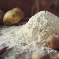 Stos mąki ziemniaczanej, idealnej do pieczenia, otoczony ziemniakami i kłosami zbóż.