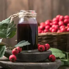 Butelka z nalewką z głogu na serce, obok gałązka z owocami i kosz pełen głogu.