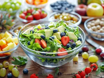 Kolorowa sałatka z awokado, truskawkami i borówkami. Idealna na dietę bezresztkową jadłospis.