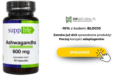 Butelka suplementu diety Ashwagandha 600 mg. Poczuj korzyści adaptogenów. Kod rabatowy na stronie DRNATURAL.PL.