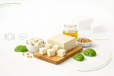 Czy tofu jest zdrowe? Na zdjęciu kostki tofu, soja, oliwa i szpinak, sugerujące zdrową dietę.