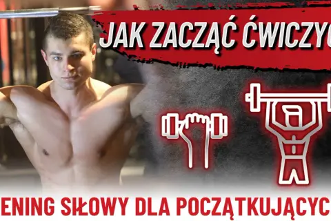 Mężczyzna z podniesionym gryfem, ikony sztangi i hantli. Plan treningowy dla początkujących.
