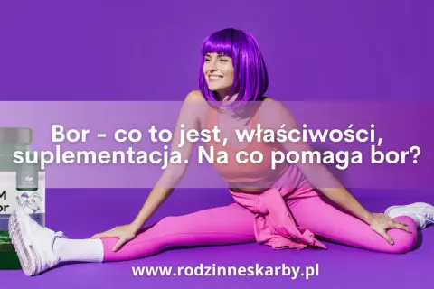 Kobieta w fioletowej peruce i różowym stroju ćwiczy, obok butelka suplementu MSM + Bor. Dowiedz się o suplementacji boru.