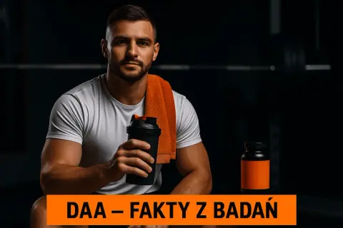 Mężczyzna z shakerem i suplementem DAA (kwas d asparaginowy) w siłowni.