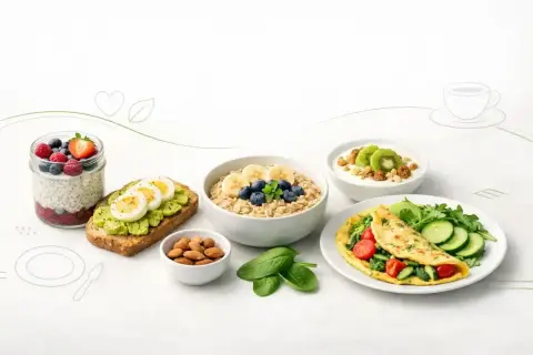 Idealne białkowe śniadanie do pracy: owsianka z owocami, omlet, jogurt z kiwi, tosty z awokado i jajkiem, nasiona chia z jagodami i malinami, migdały.