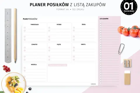 Planer posiłków z listą zakupów. Tabela rozkład posiłków w ciągu dnia, od poniedziałku do niedzieli, z miejscem na notatki i listę zakupów.