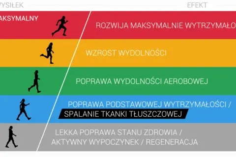 Schemat pokazuje poziomy wysiłku i ich efekty: od maksymalnego tętna aerobowego i beztlenowego po lekki wysiłek regeneracyjny.