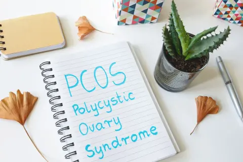 Notatnik z napisem "PCOS Polycystic Ovary Syndrome" obok sukulentów i ozdobnych pudełek. Planowanie diety PCOS.