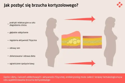 Grafika pokazuje, jak pozbyć się brzucha kortyzolowego poprzez relaks, ćwiczenia, sen i dietę. Zmniejszenie poziomu kortyzolu pomaga zredukować tkankę tłuszczową.