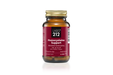Bursztynowa butelka suplementu diety "Homocysteine Support" od LABS 212. Zawiera betainę TMG, witaminy z grupy B i L-serynę.