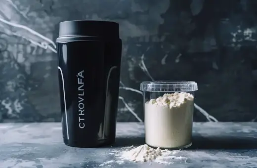 Czarny shaker i pojemnik z cytruliną. Zastanawiasz się, po jakim czasie działa cytrulina? Odpowiedź znajdziesz w opisie produktu.