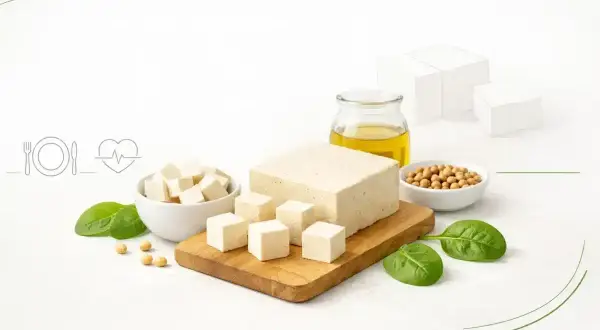 Czy tofu jest zdrowe? Na zdjęciu kostki tofu, soja, oliwa i szpinak, sugerujące zdrową dietę.