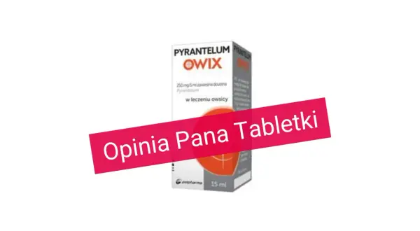 Opakowanie leku Pyrantelum Owix na odrobaczanie ludzi. W tle różowy pasek z napisem "Opinia Pana Tabletki".