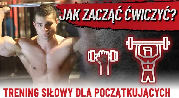 Mężczyzna z podniesionym gryfem, ikony sztangi i hantli. Plan treningowy dla początkujących.