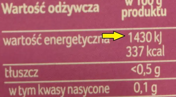 Tabela wartości odżywczych: 1430 kj (kilodżuli) to jednostka energii, podobnie jak kalorie.