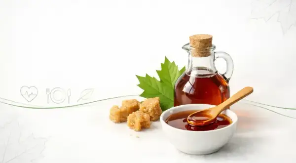 Syrop klonowy w butelce i miseczce, obok kostki cukru i liścia klonu. Czy syrop klonowy jest zdrowy?